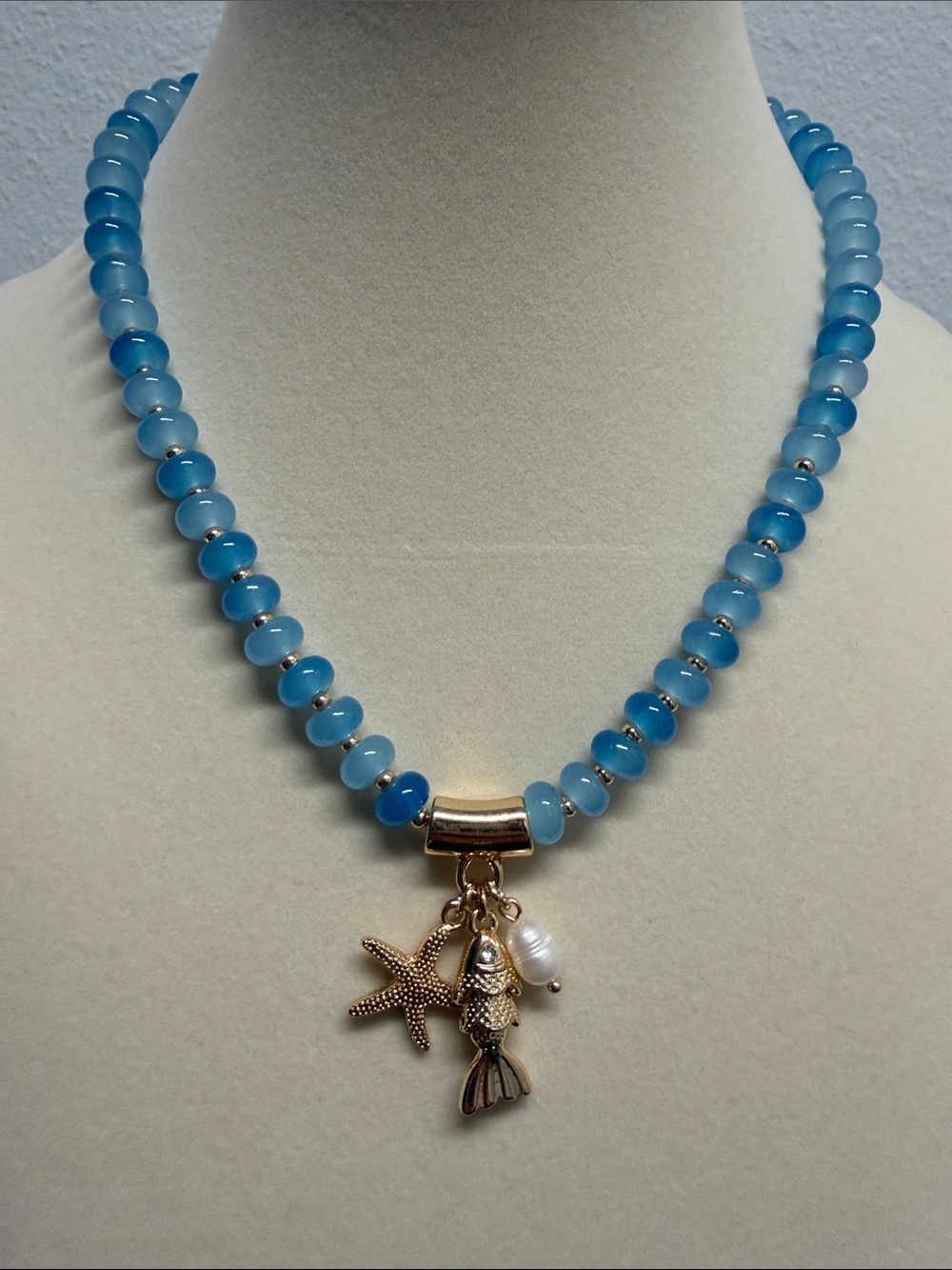 Piper K | Freshwater Pearl Blue Glass Stone Fish Necklace 🐟